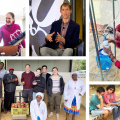 A collage of five pictures showing Susan Murcott in the lab laughing with students; Brendan Smith speaking on a panel; women in rural India using a water filtration device; Eric Verploegen and some students smiling with local a community in Kenya, holding fruits; and  researchers taking notes, speaking with a man in India